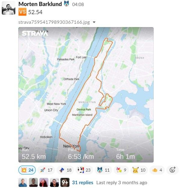 Morten posting his Strava run of 52.54 km on Slack