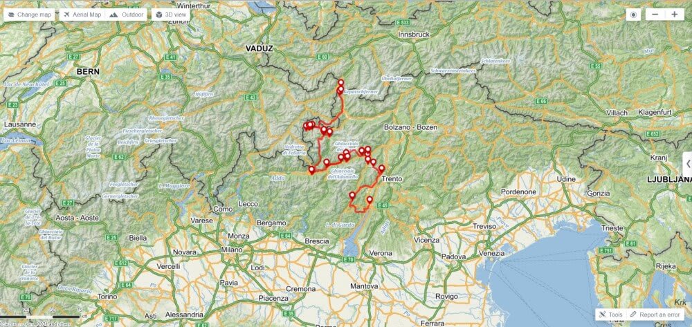 A map of Michal's Transalp journey