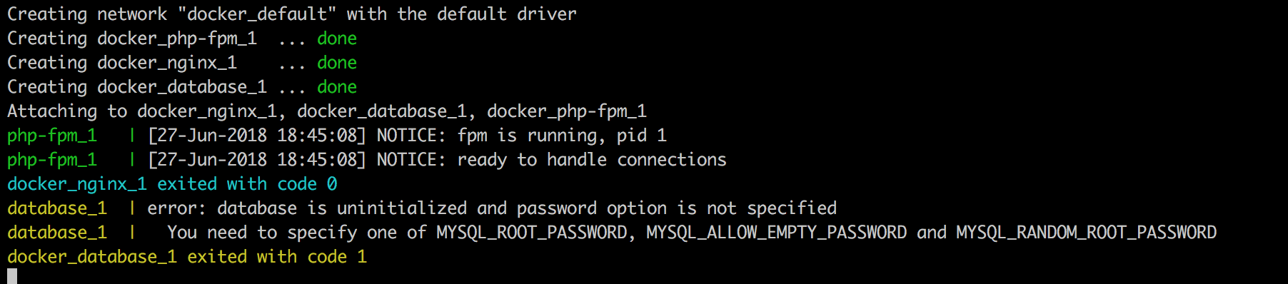 terminal output showing docker creation statuses and exiting of nginx and database nodes