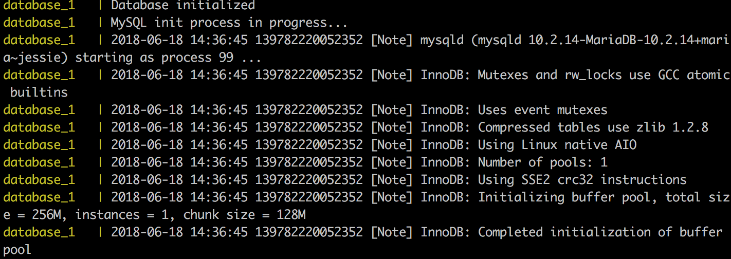 terminal output of database service statuses resulting in a successfully-started database service