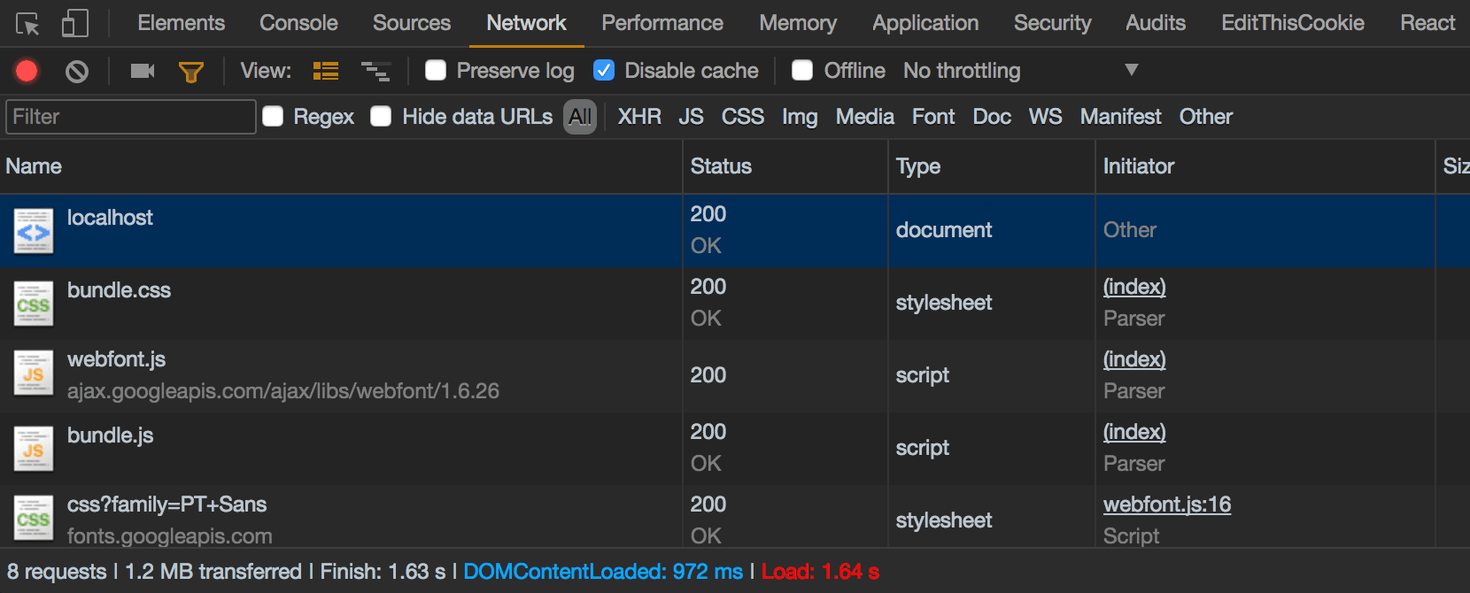 Disable cache on network tab