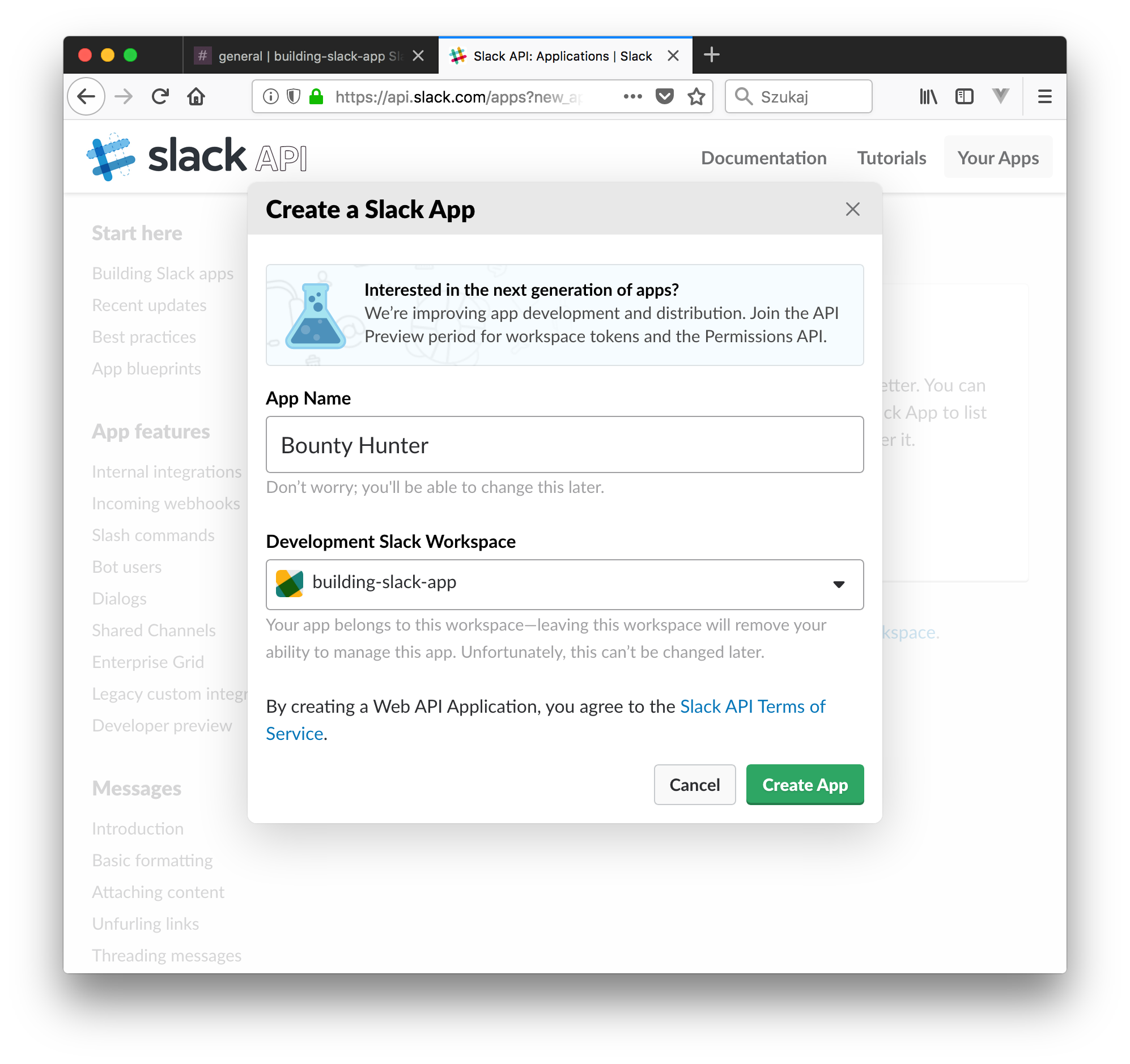 Create a Slack App dialog